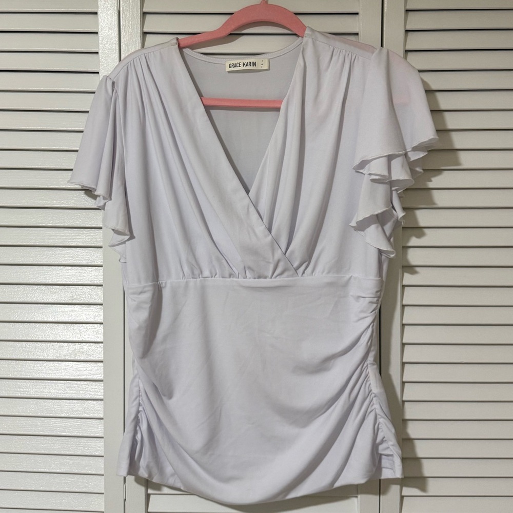 Grace Karin White V-Neck Ruffle Blouse
